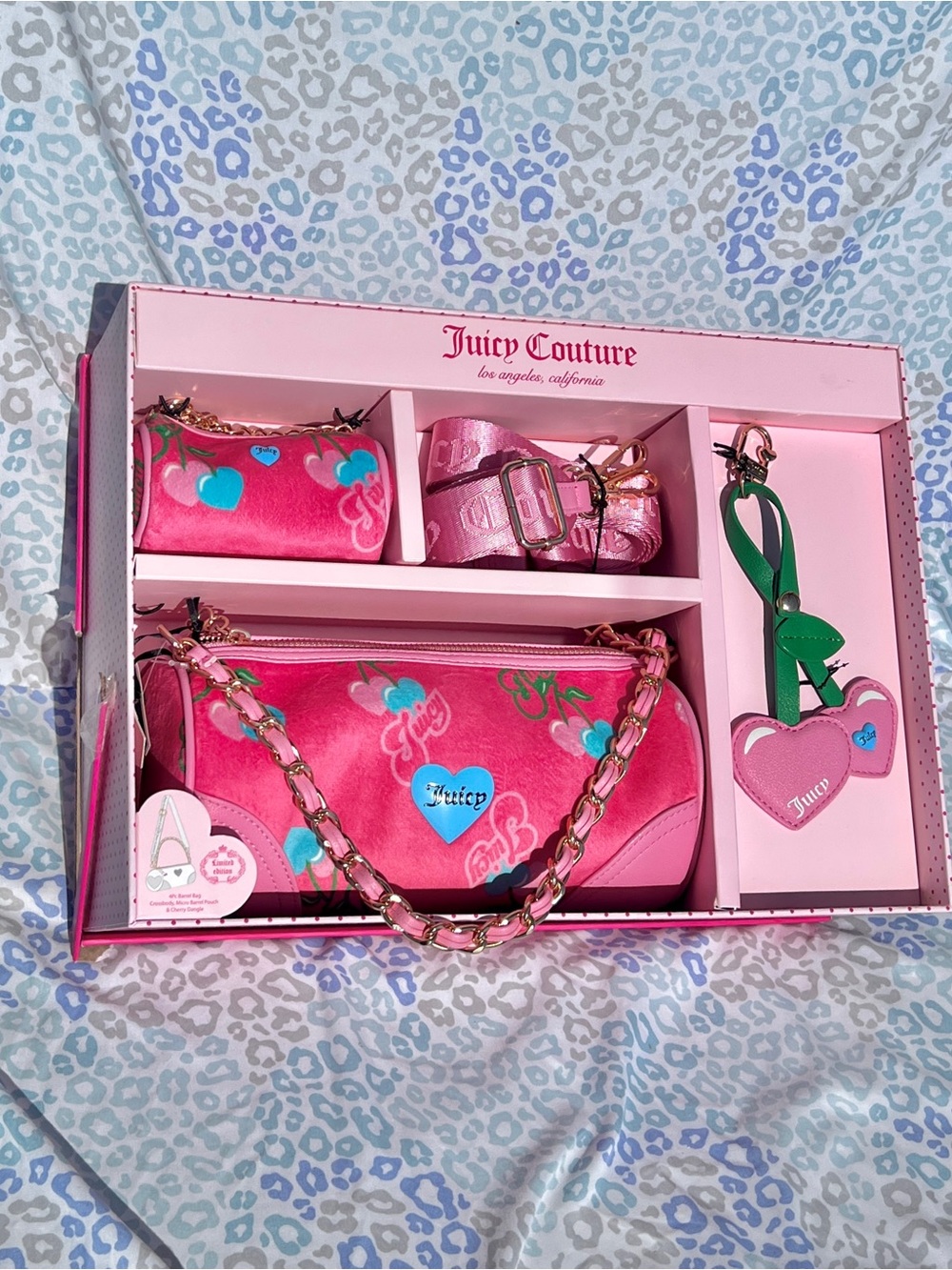 New Salmon Juicy Couture Purse Set Cherry Velour Barrel Bag + Mini Bag + Charm